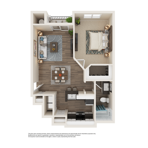 Floor plan for 1 bed, 1 bath, 741 sqft